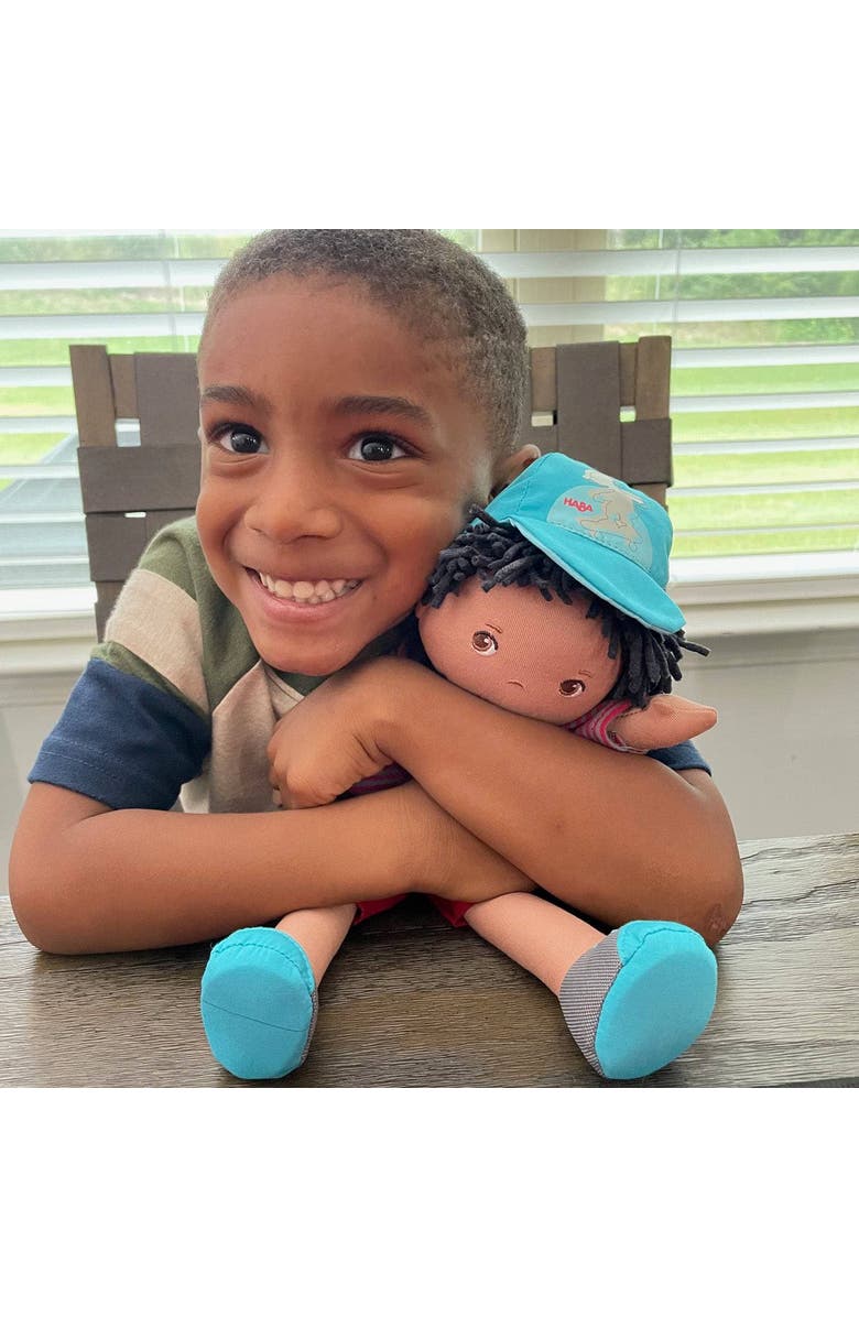 HABA William 12" Soft Doll - Black Baby Boy Doll (Machine Washable) Perfect Plush Toy for 18 Months & Up with Removable Clothing and Embroidered Face, Alternate, color, Red Multi