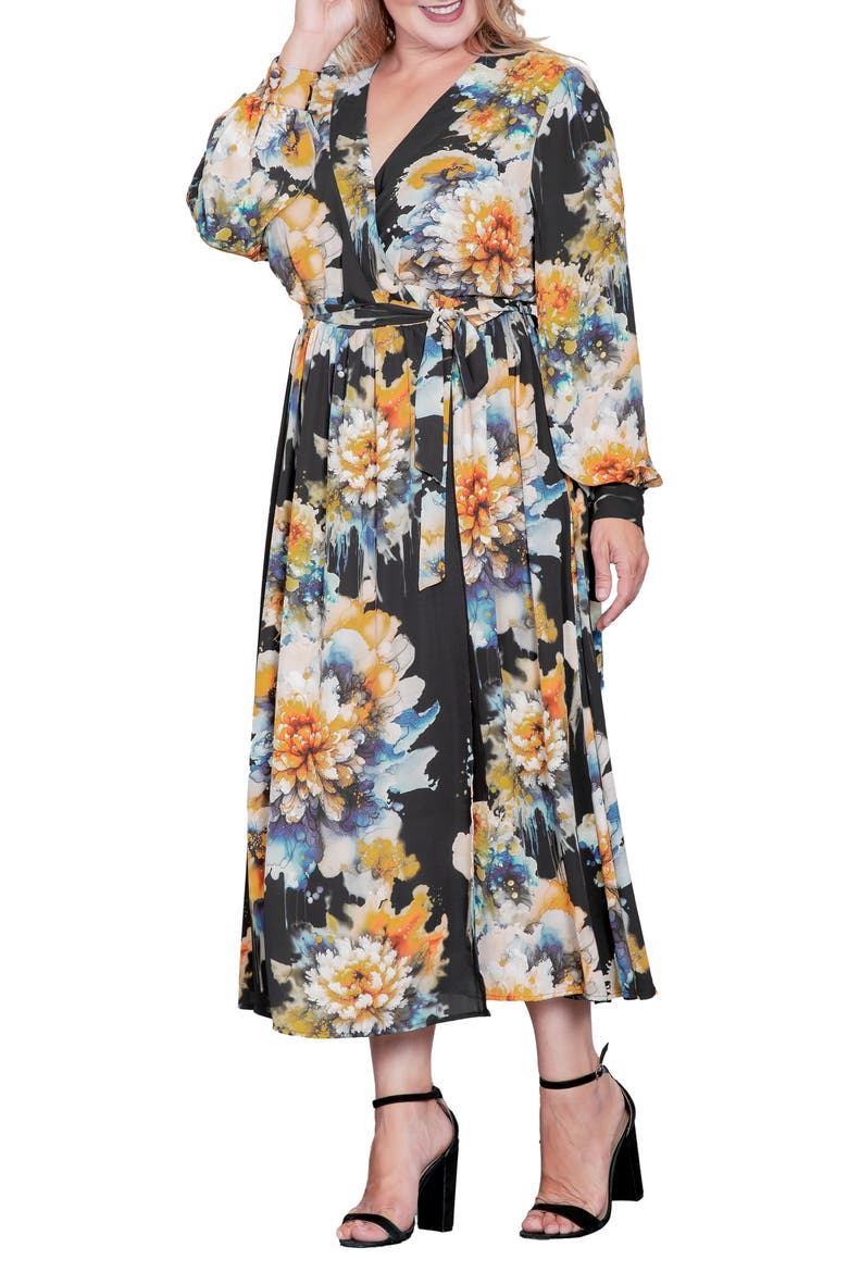 Floral Print Long Sleeve Georgette Midi Wrap Dress, Alternate, color, BLACK INK FLORAL
