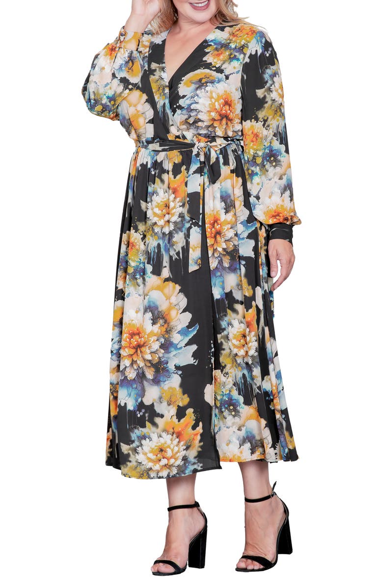 Standards & Practices Floral Print Long Sleeve Georgette Midi Wrap Dress, Alternate, color, Black Ink Floral