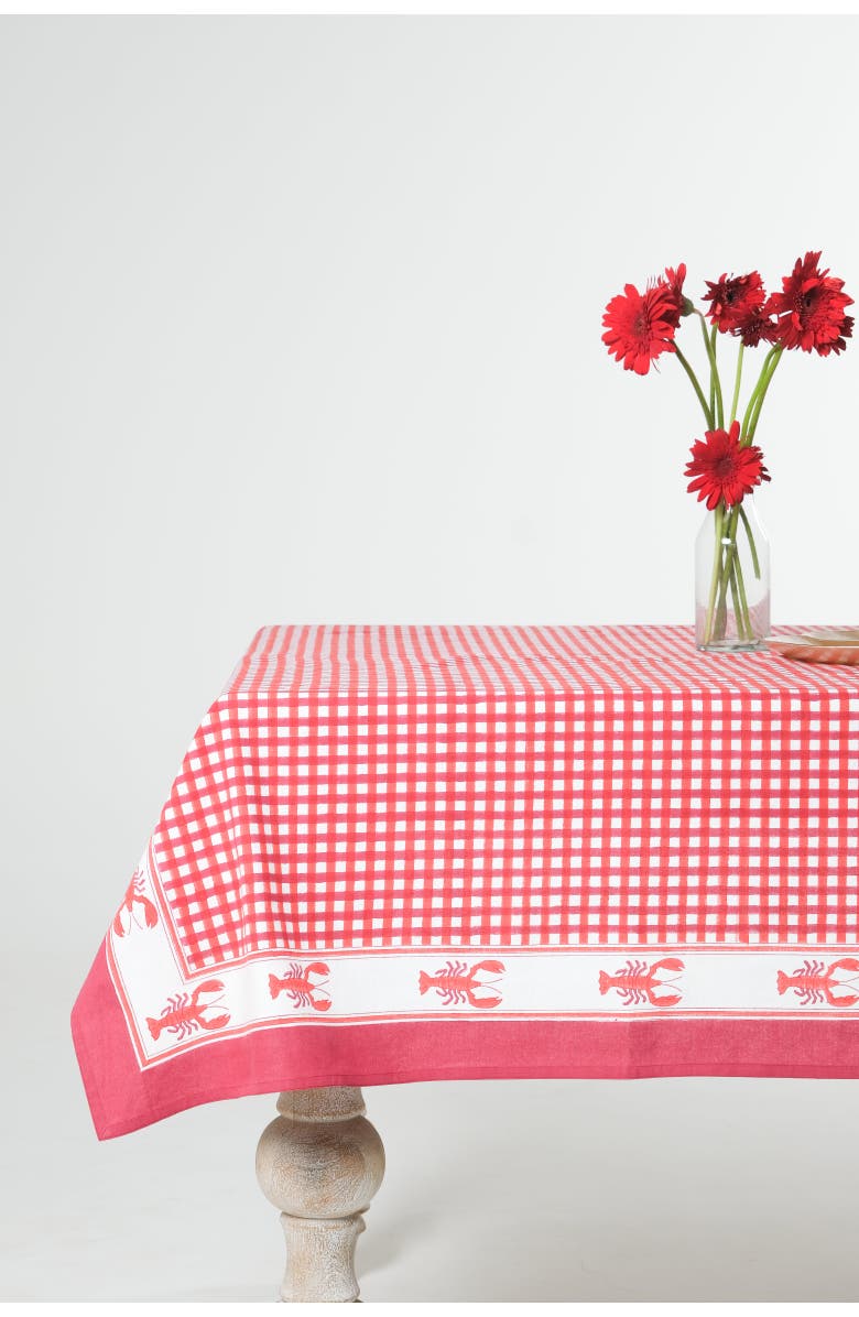 Inner Child Lobster Red Gingham Blockprint Tablecloth, Main, color, 60X90