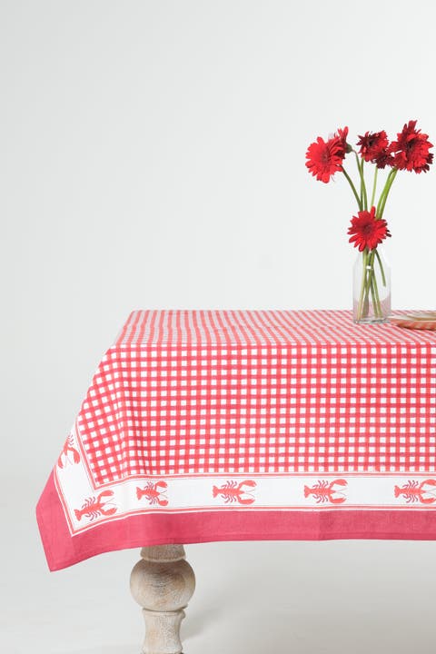 Lobster Red Gingham Blockprint Tablecloth