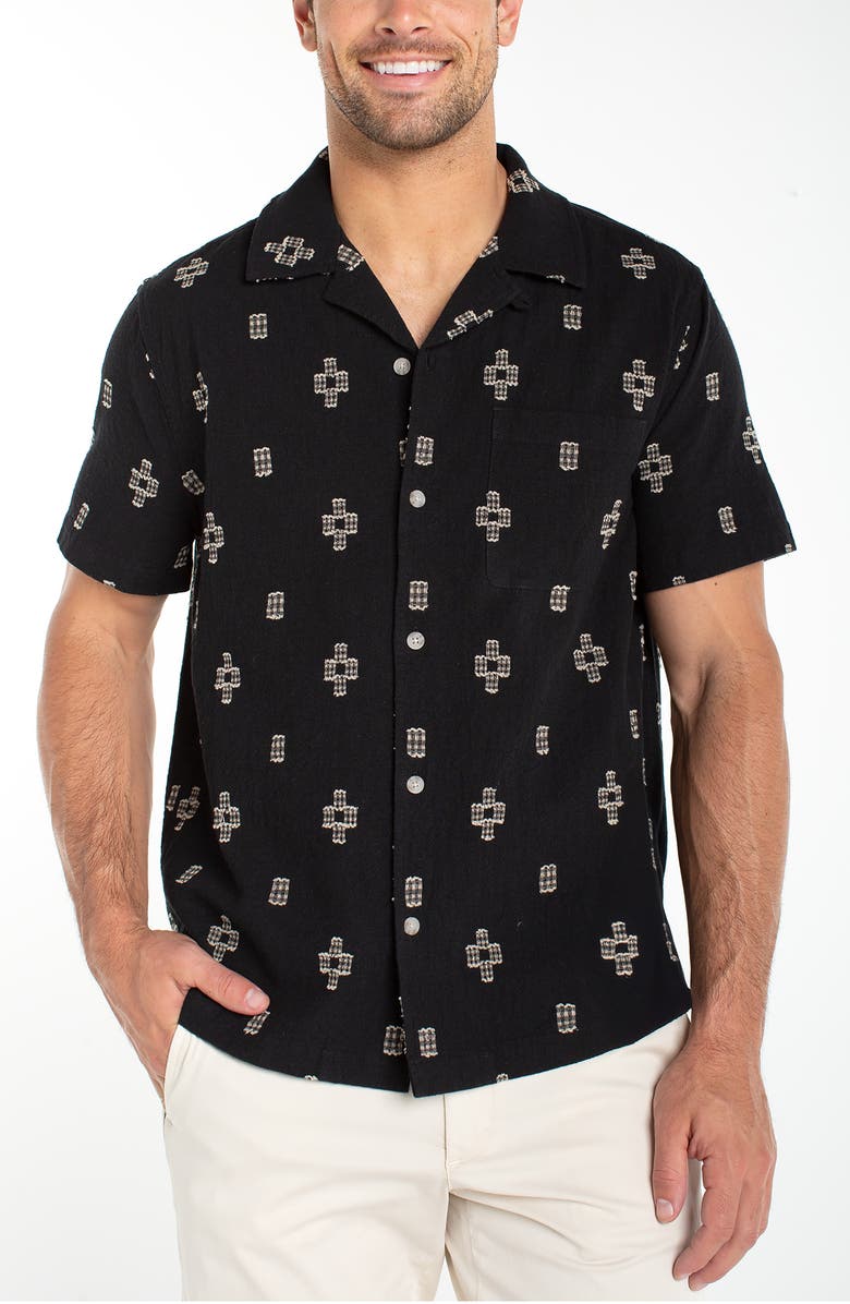 Liverpool Los Angeles Geometric Jacquard Cotton Camp Shirt, Main, color, Black Parchment