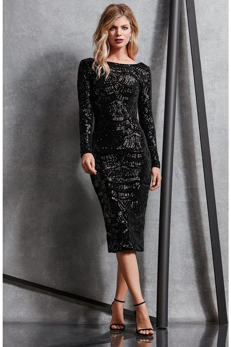 Emery Scoop Back Sequin Midi Dress, Alternate, color, BLACK/ BLACK