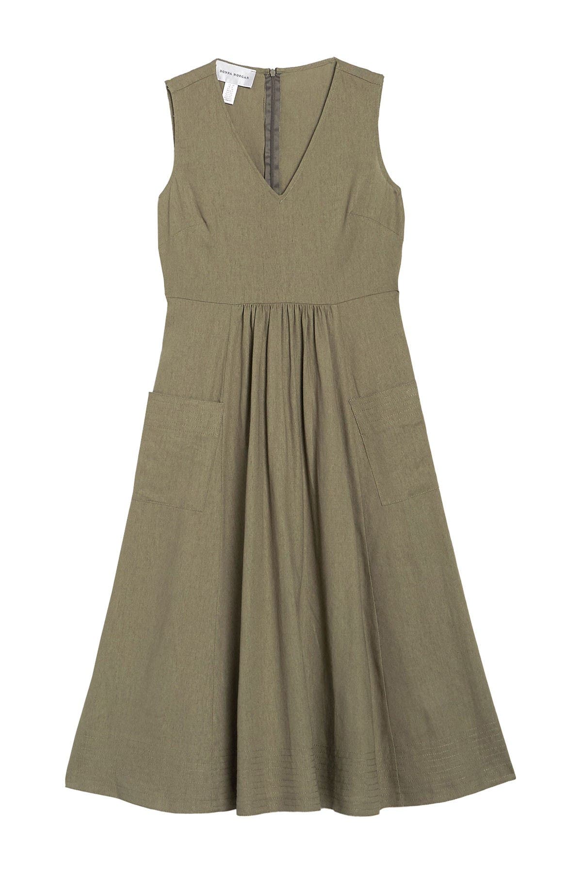 Donna Morgan Pocket Front V-Neck Linen Midi Dress (Women) | Nordstromrack