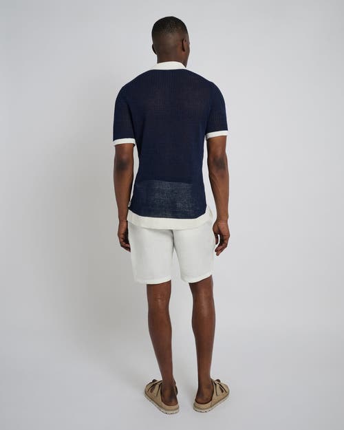 Onia Linen Short Sleeve Button Up Sweater In Deep Navy/white