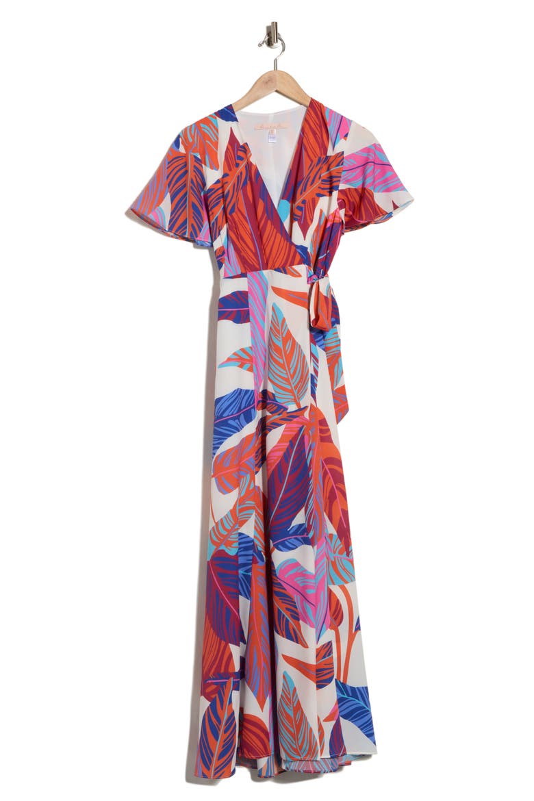 Flutter Sleeve Maxi Wrap Dress, Alternate, color, WILD SUNSET TROPICAL