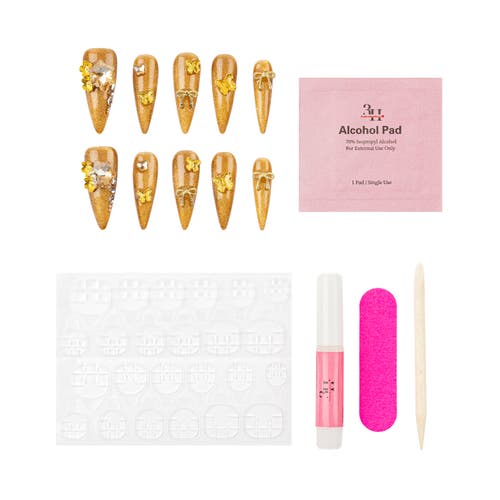 3h Nails Luxury Handmade Golden Amber Stiletto Press-on Nails With Bow And Butterfly Charms