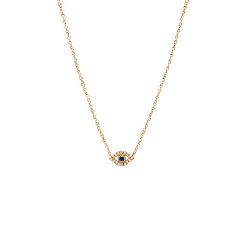 Diamond Pave & Sapphire Blue Cutout Evil Eye Necklace 14K