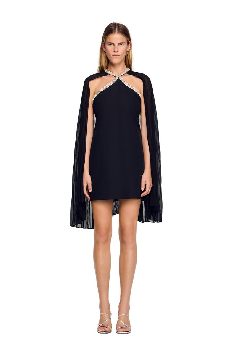 SANDRO Short cape dress with rhinestones, Main, color, Black