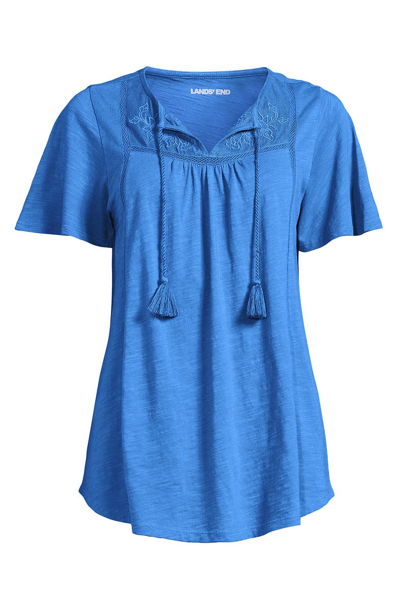 Lands' End Slub Flutter Sleeve Lace Trim Notch Neck Tunic Top, Alternate, color, Muted Cobalt Blue