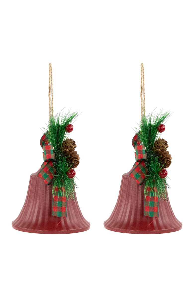 Northlight Bells with Pine Sprigs and Bow Christmas Ornaments- 7" - Red - Set of 2, Alternate, color, Red