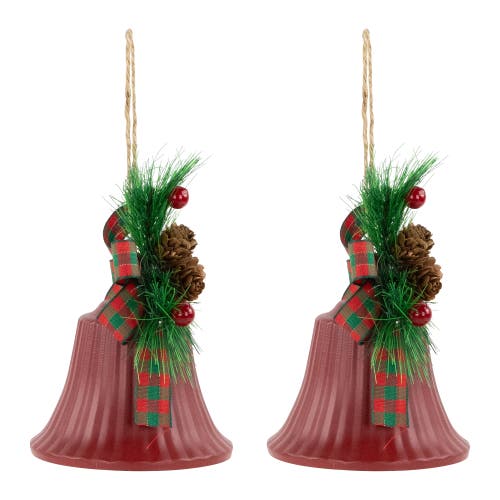 Northlight Bells With Pine Sprigs And Bow Christmas Ornaments- 7" In Red