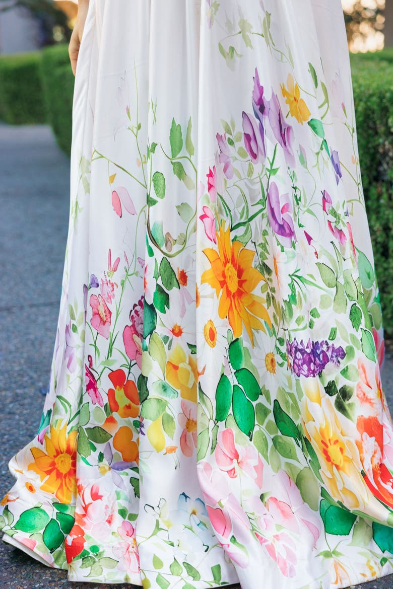 Floral Print Strapless Satin A Line Gown With Pockets, Alternate, color, Ivory Multi
