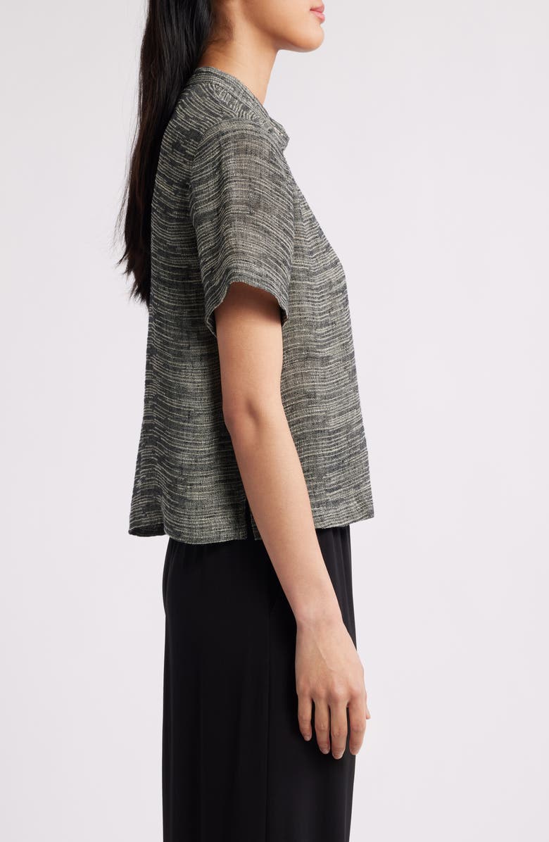 Eileen Fisher Short Sleeve Organic Linen Blend Button-Up Shirt, Alternate, color, Black/ Natural