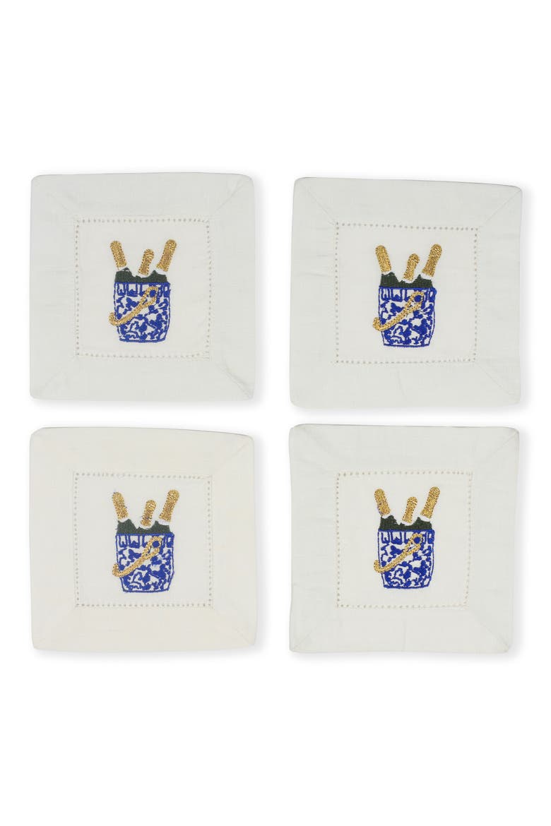 Bubbly Bliss Embroidered Linen Cocktail Napkins, Main, color, BLUE/ GOLD