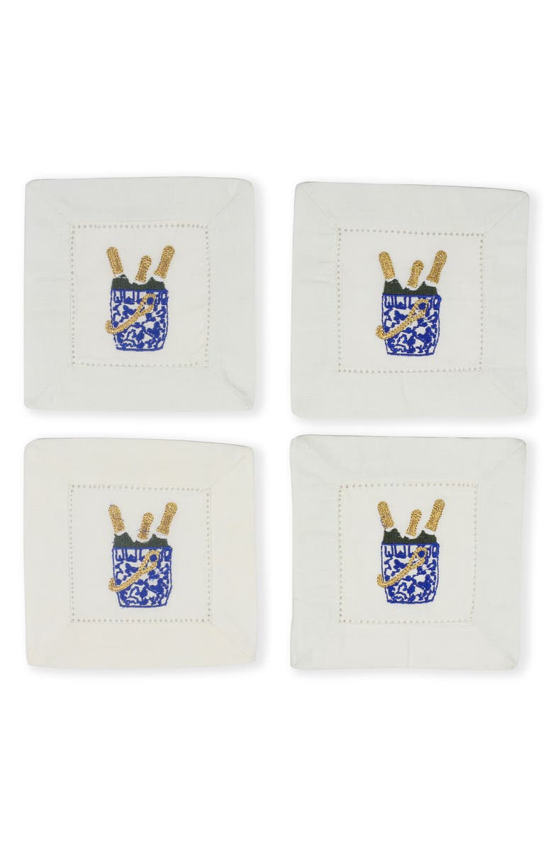 Tiramisu Bubbly Bliss Embroidered Linen Cocktail Napkins, Main, color, Blue/ Gold