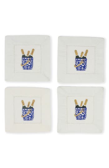 Tiramisu Bubbly Bliss Embroidered Linen Cocktail Napkins In Blue/gold