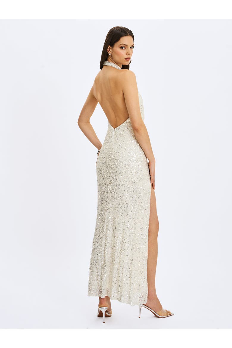 Niamh Beaded Cowl Halter Backless Maxi Dress, Alternate, color, White Gold