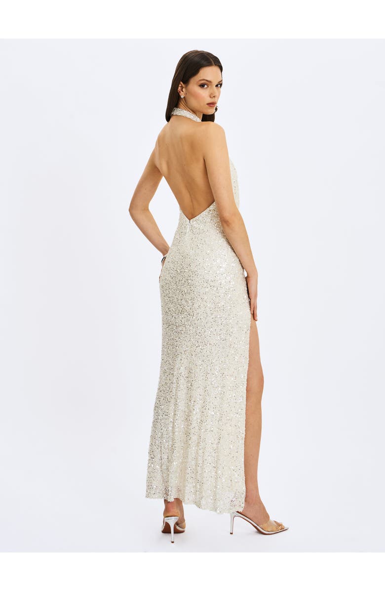 Miss Circle Niamh Beaded Cowl Halter Backless Maxi Dress, Alternate, color, White Gold