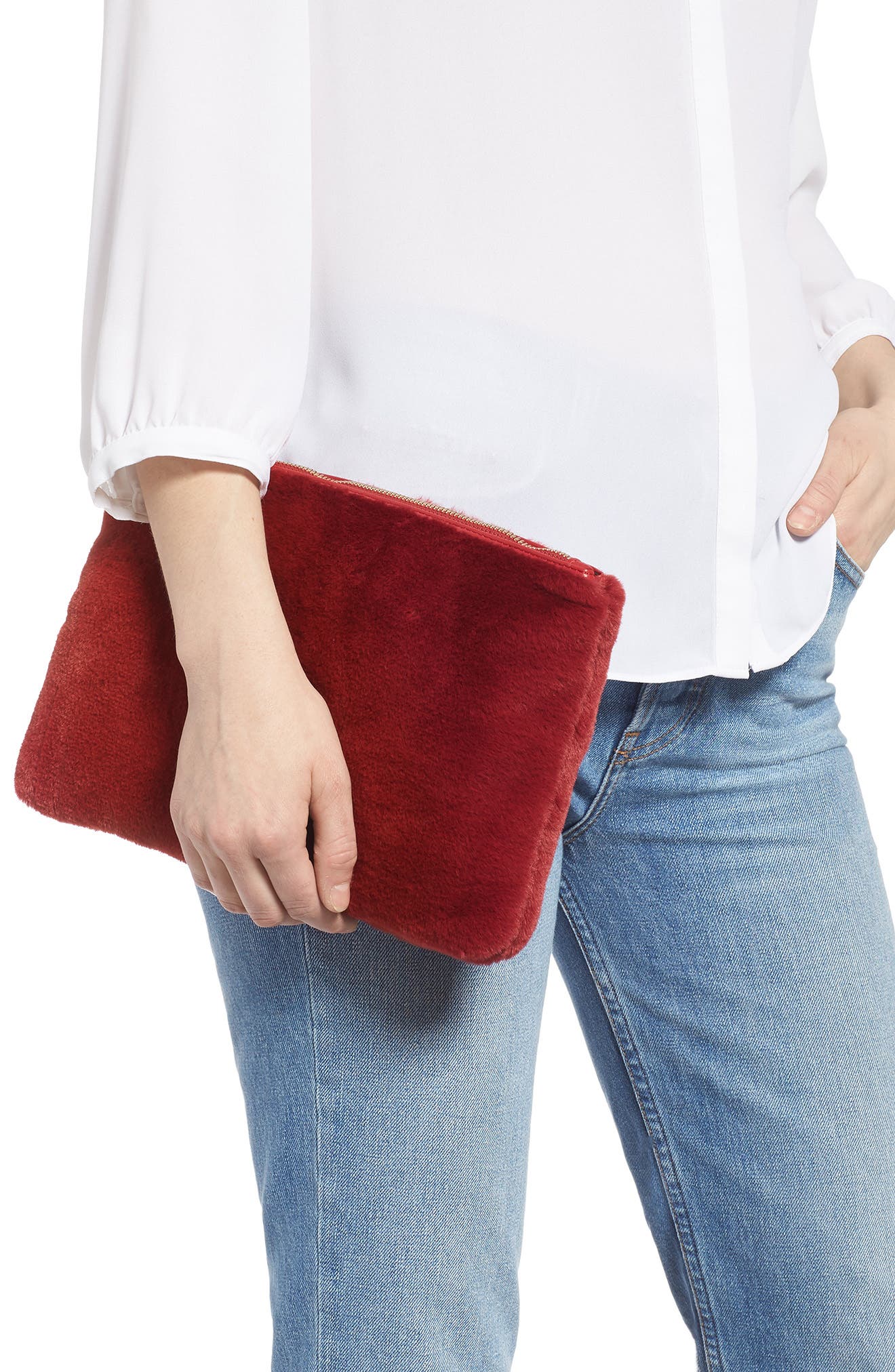Jen Faux Fur Pouch, Alternate, color, RED HIBISCUS