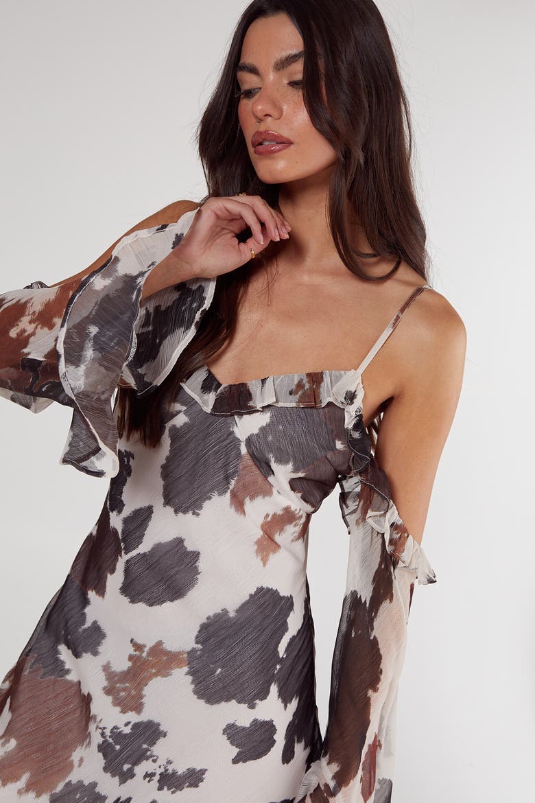 Cold Shoulder Bias Cut Split Maxi Dress, Alternate, color, Brown