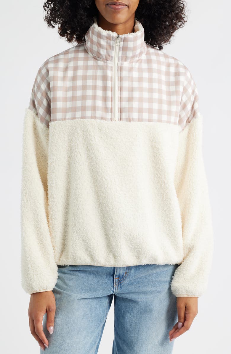HAPPY CAMP3R Gingham Aria Colorblock Quarter Zip Pullover, Alternate, color, Cream