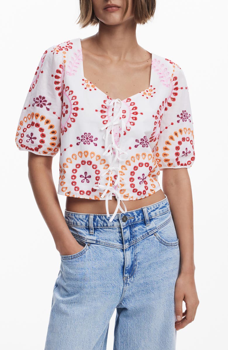 Desigual Embroidered Cotton Crop Top, Main, color, 
