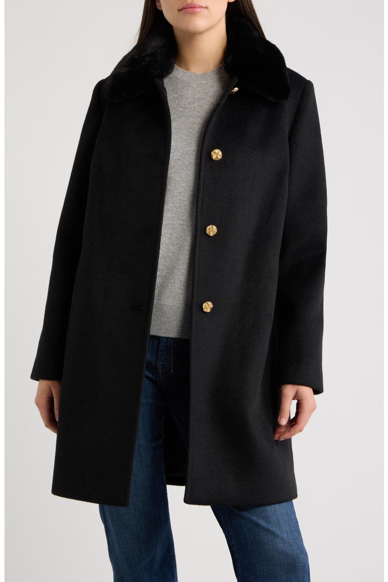 Faux Fur Collar Single Breasted Coat, Main, color, BLACK
