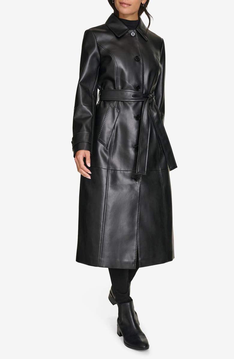 Calvin Klein Faux Leather Belted Trench Coat, Alternate, color,