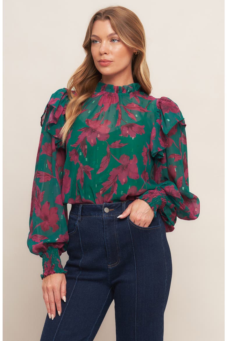 Floral Ruffle Billow Sleeve Top, Alternate, color, GREEN
