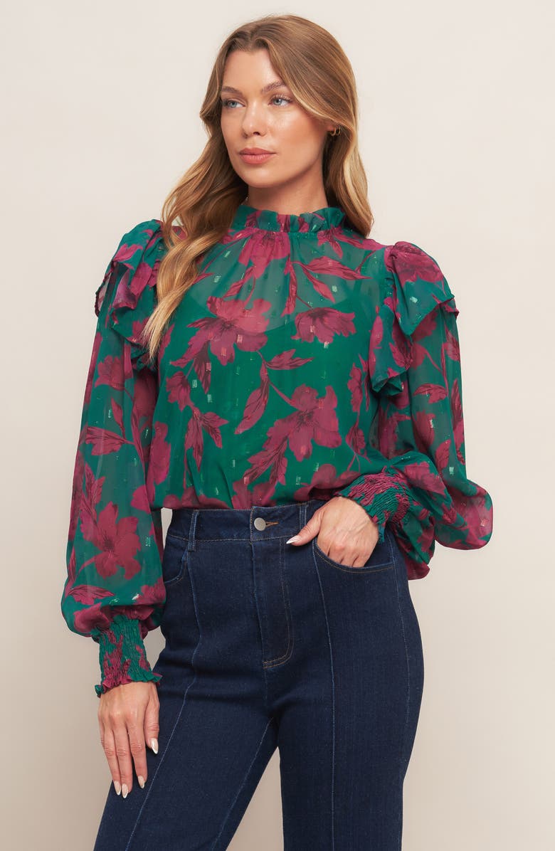 FLYING TOMATO Floral Ruffle Billow Sleeve Top, Alternate, color, Green