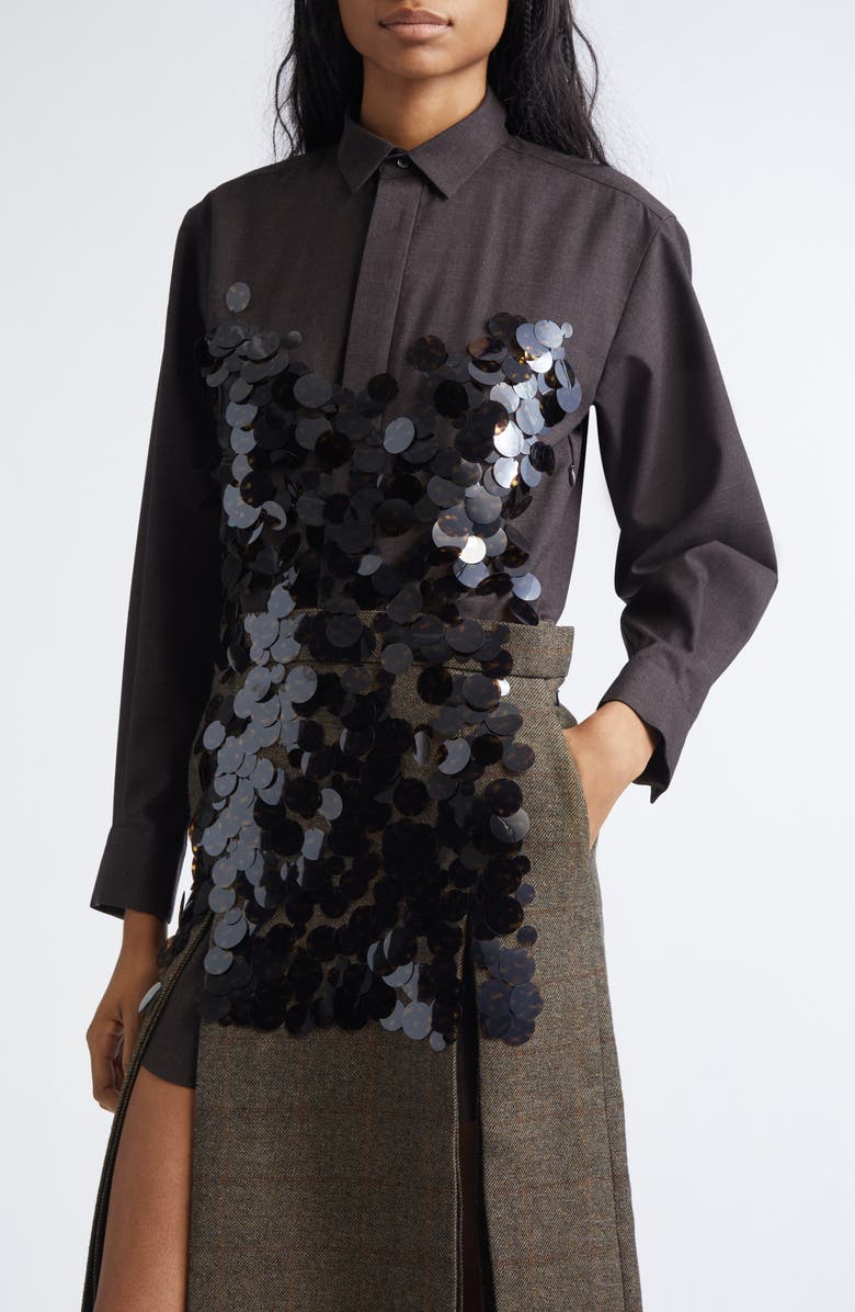 Sacai Sequin Embroidered Plaid Long Sleeve Double Face Melton Wool Shirtdress, Alternate, color, Brown/ Beige