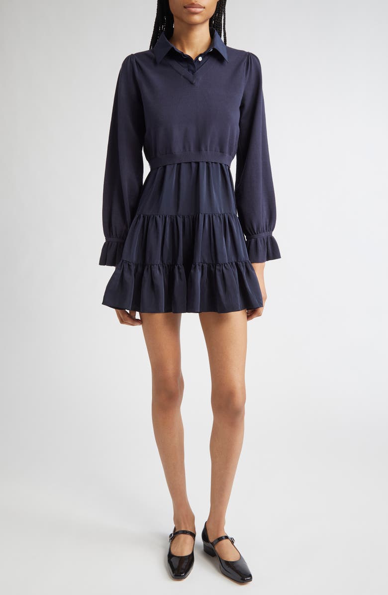 Cinq à Sept Luciana Long Sleeve Tiered Shirtdress, Main, color, Navy