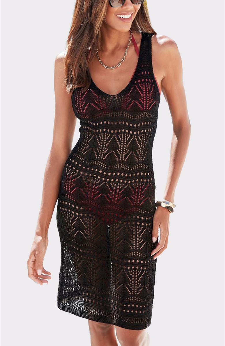 LASCANA Women's Crochet Short Dress Cover Up, Main, color, Black