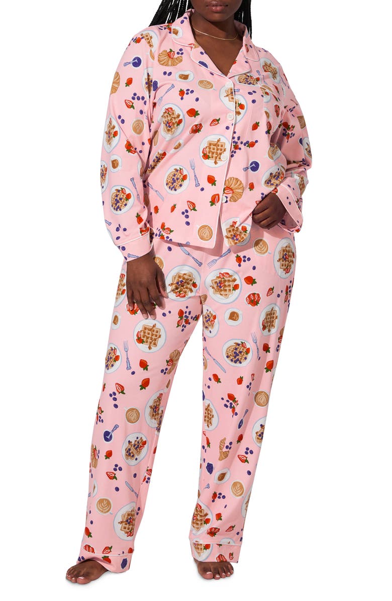 BedHead Pajamas Print Long Sleeve Stretch Organic Cotton Jersey Pajamas, Alternate, color, Waffle Brunch