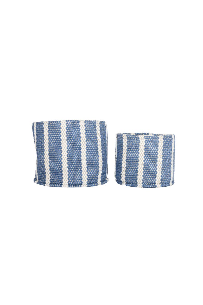 Set of 2 Hand Woven Bins Blue Striped Cotton, Main, color, Blue