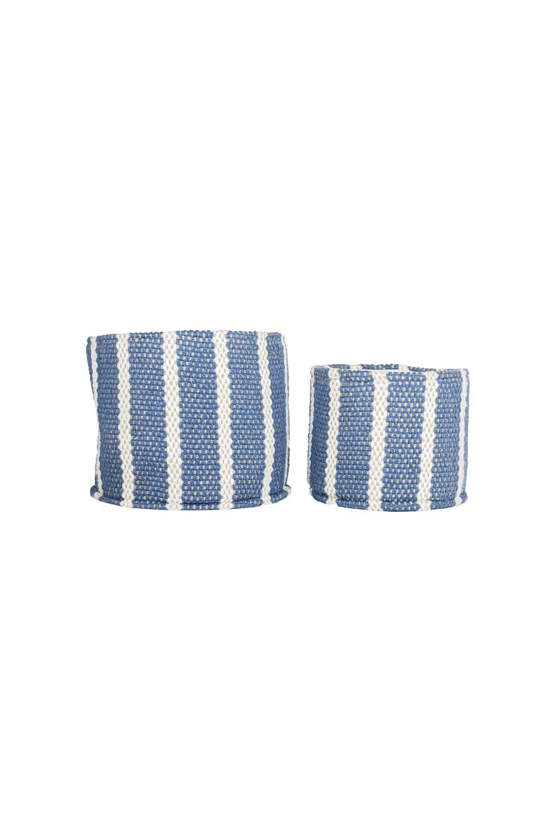 Foreside Home and Garden Set of 2 Hand Woven Bins Blue Striped Cotton, Main, color, Blue