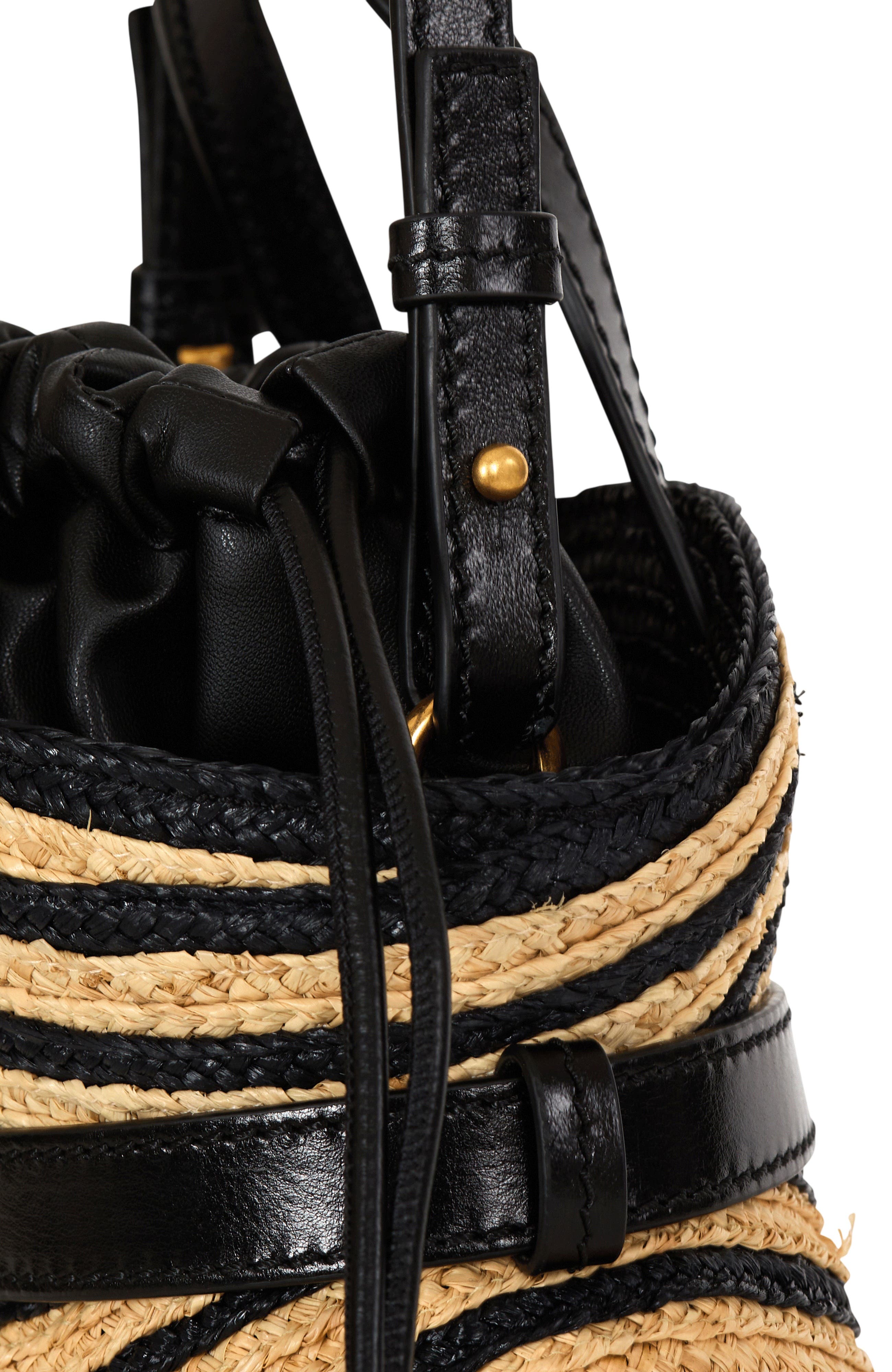 Balmain Mini Shuffle bag in smooth leather and raffia, Alternate, color, Beige