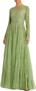 Mac Duggal Women's Sequin Illusion High-Neck Long Sleeve A-Line Gown