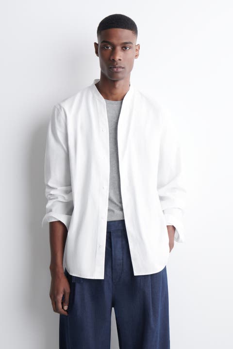 Grandad-collar Cotton Shirt