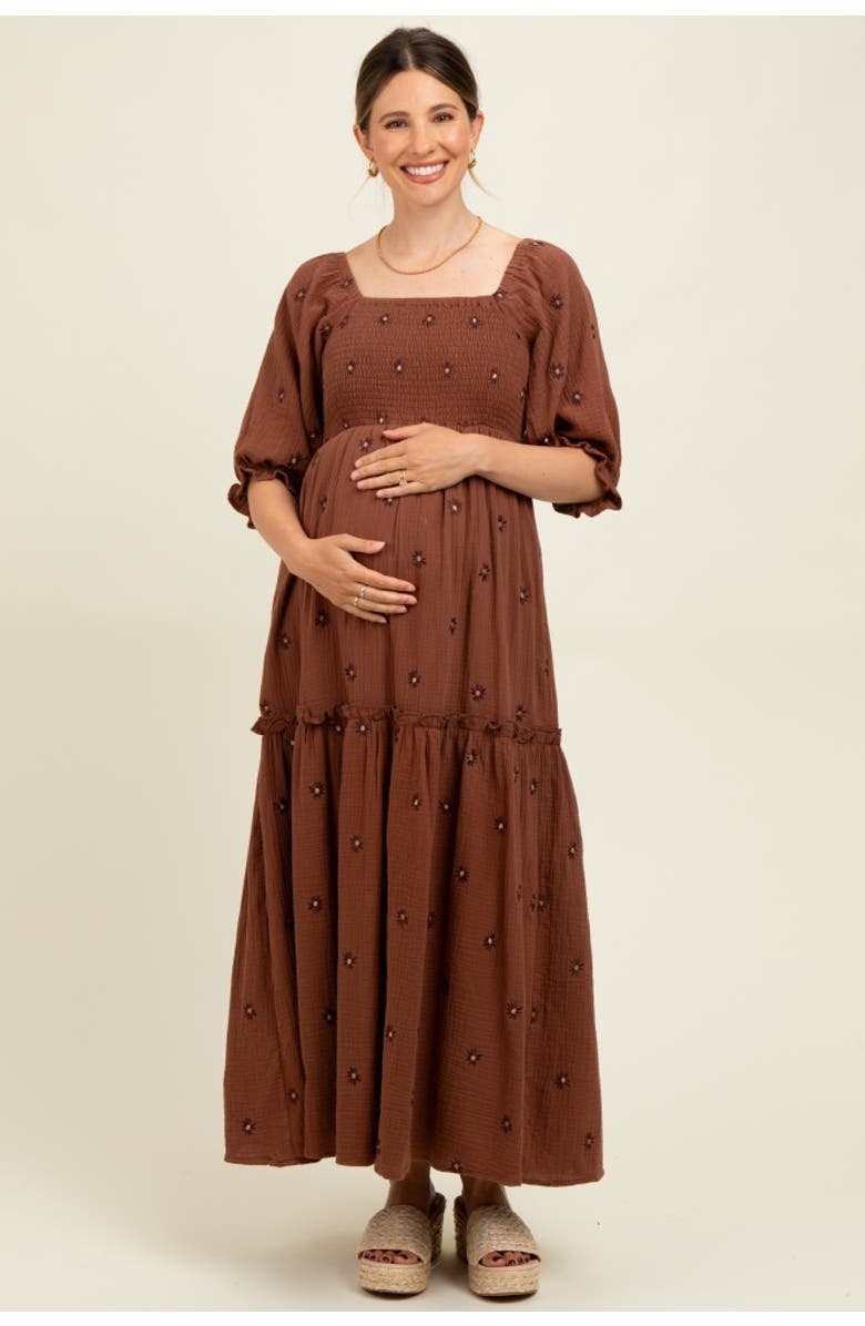 PinkBlush Floral Smocked Puff Sleeve Maxi Dress, Main, color, Brown