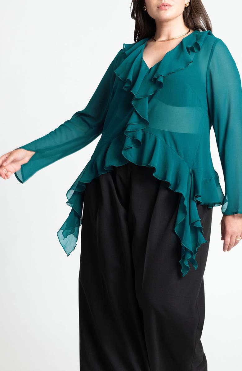ELOQUII Ruffle Trim Sheer Top, Main, color, 