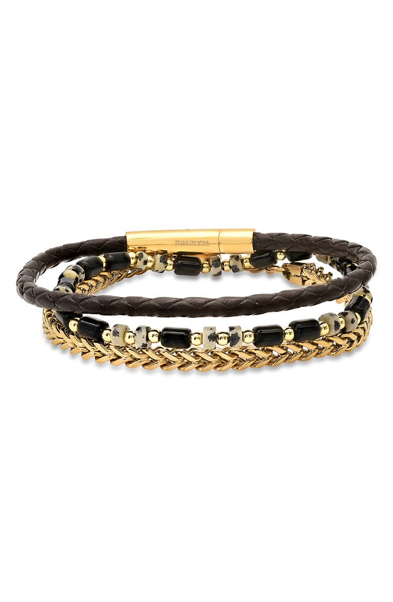 HMY JEWELRY Men's Set of 3 Assorted Bead, Chain & Leather Bracelets, Main, color, Gold Multi