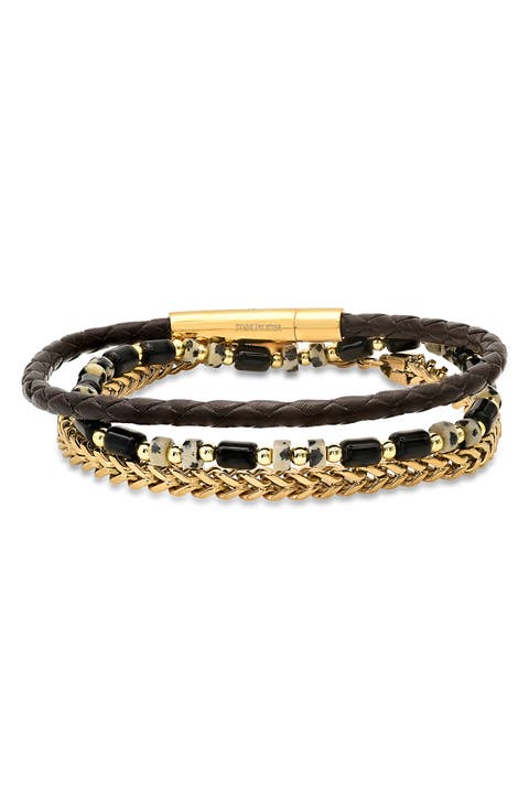 Men's Set of 3 Assorted Bead, Chain & Leather Bracelets