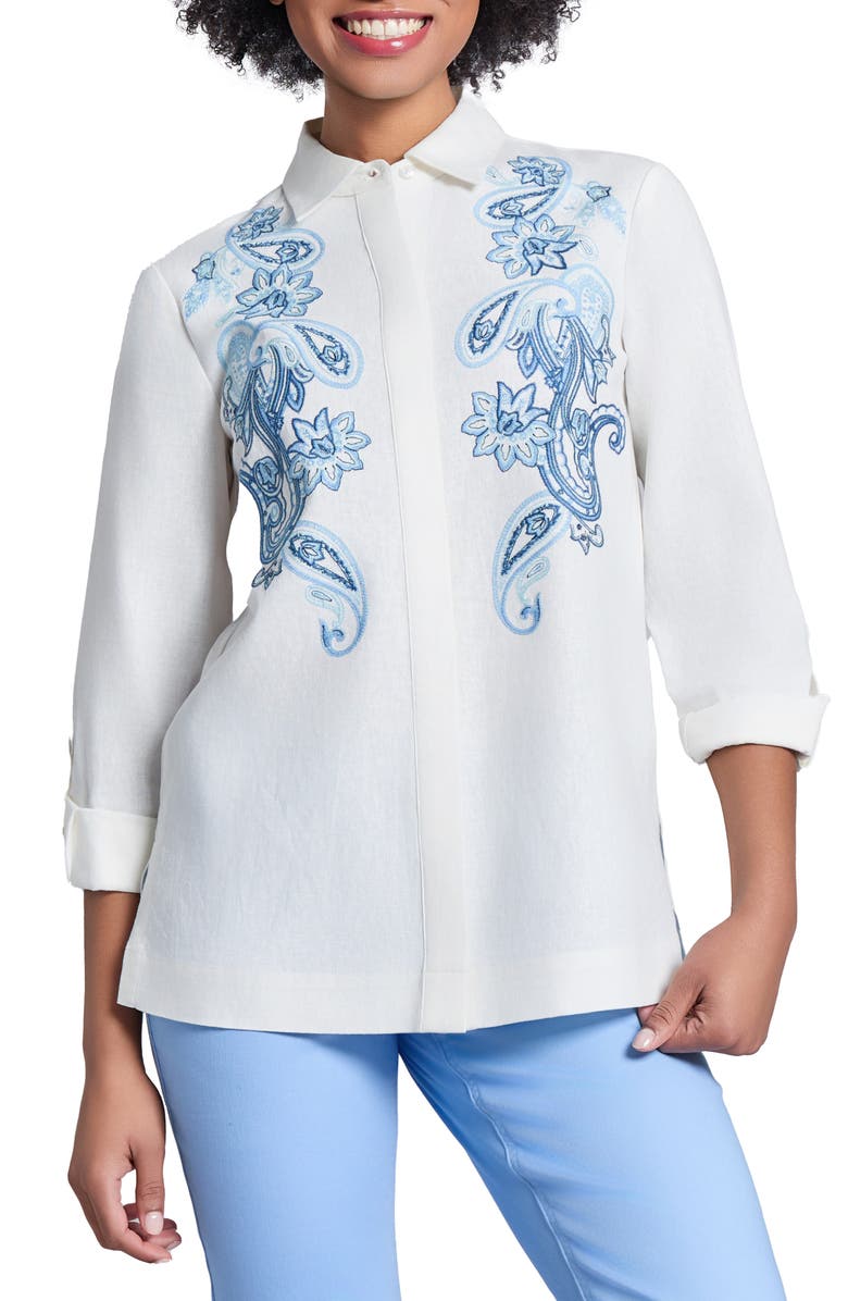 Jones New York Paisley Embroidered Linen Blend Button-Up Shirt, Main, color, 