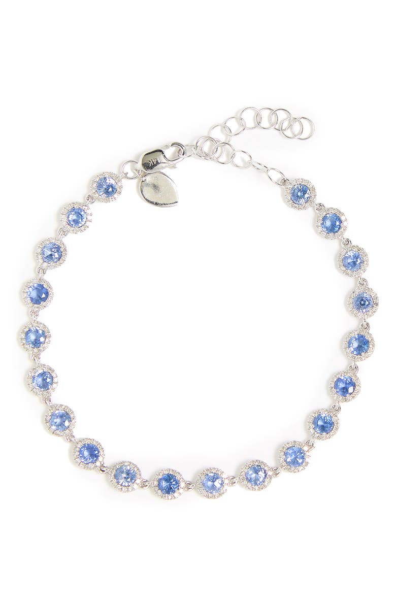 Meira T 14K White Gold Diamond Halo Blue Sapphire Link Bracelet, Main, color, 