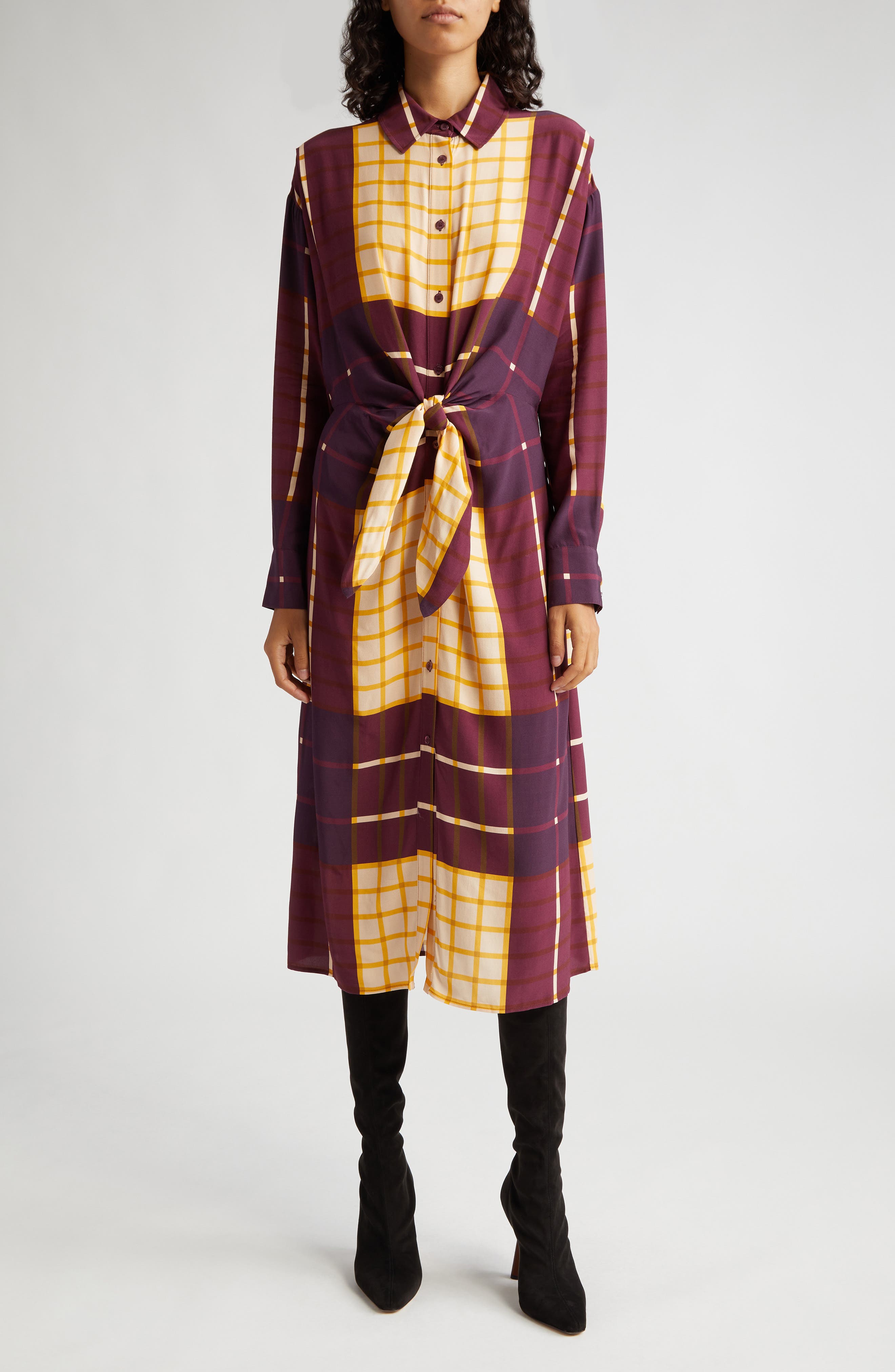 STAUD Elsa Plaid Long Sleeve Midi Shirtdress (Women) | Nordstromrack