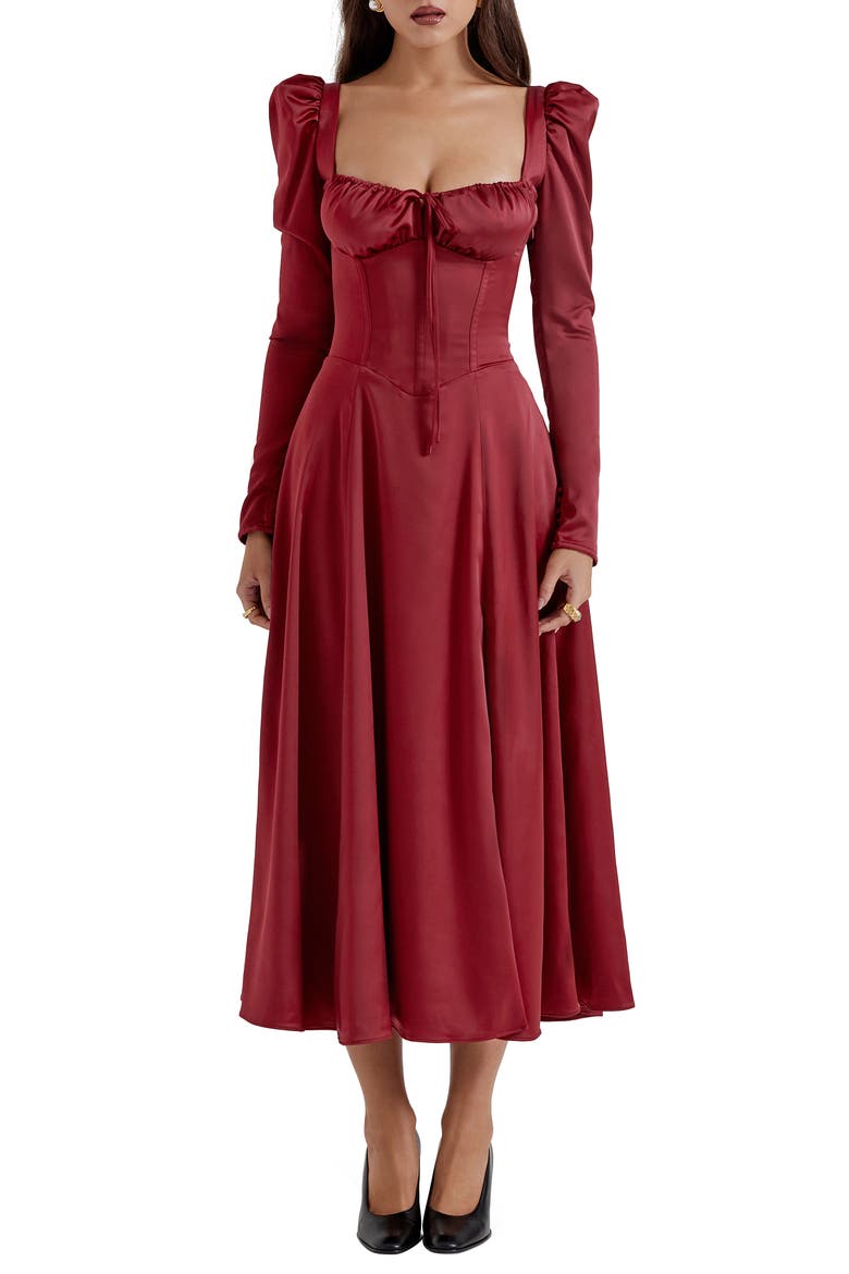Sebille Long Sleeve Corset Midi Cocktail Dress, Main, color, BLOOD RED