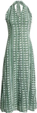 MAUDE CLUB Tussah Mixed Embroidery Halter Neck Maxi Dress