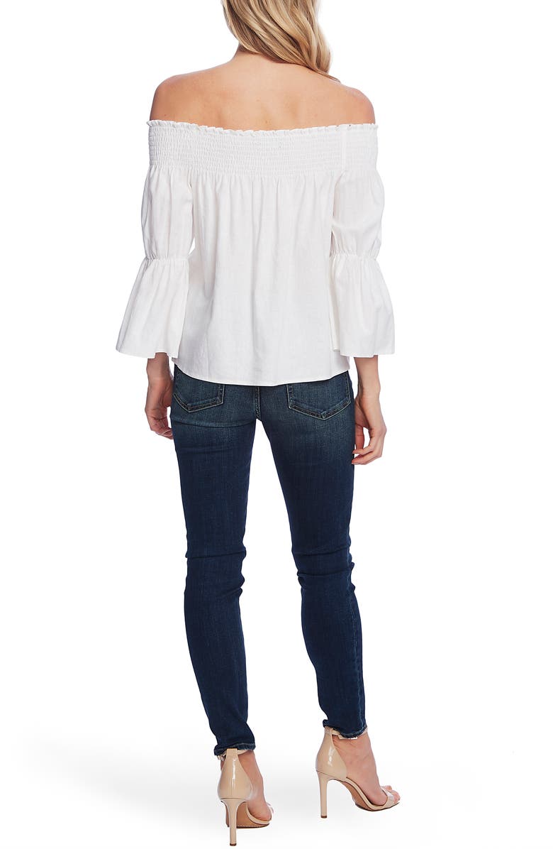 Vince Camuto Off the Shoulder Bell Sleeve Linen Blend Blouse, Alternate, color, 